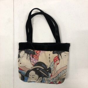 Vintage Japanese geisha oriental print tote bag with black velvet straps